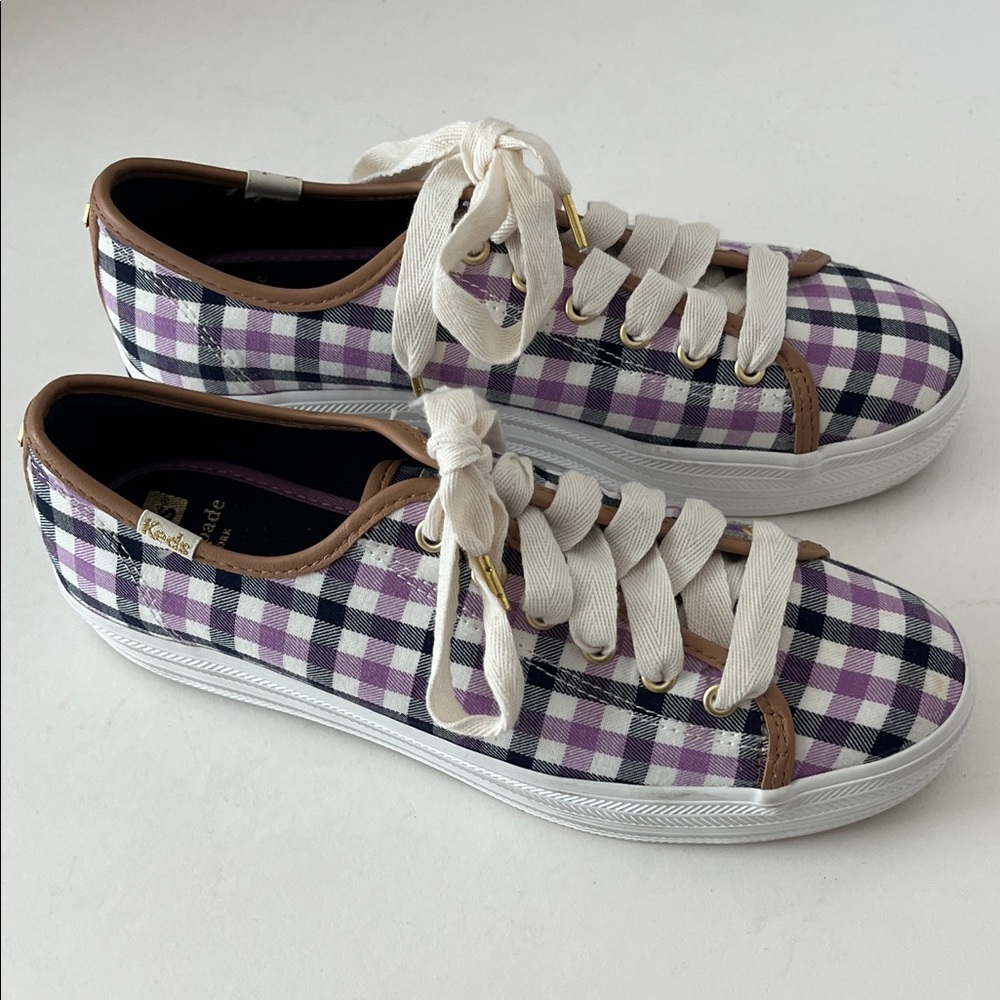 Keds Kate Spade Purple Black Plaid Gingham Print Tie Sneakers Platform Preppy 8 - Picture 4 of 15
